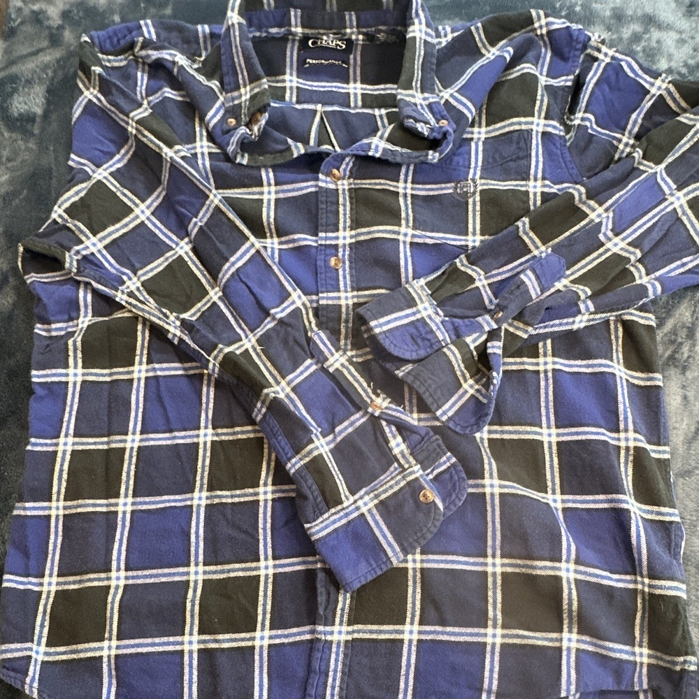 Chaps Performance Mens Large Blue Black Plaid Flannel Button Down Shirt 100 Cott